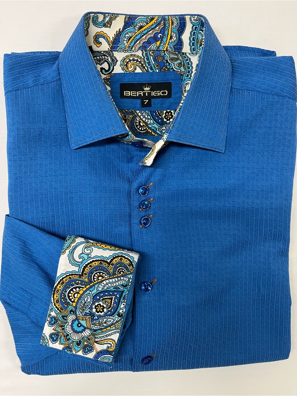 Bertigo Mens Blue Textured  Shirt 18.5x38 Paisley Contrast Collar Cuffs 1710